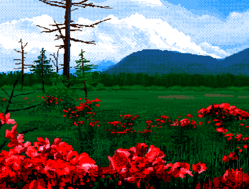 a pixelated landscape of a green field with red flowers (bottom) and trees (left), two of which have no leaves. mountain silhouette in the background and a bright cloudy sky up above.
