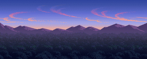a pixelated landscape. the top of a forest is visible at the bottom, with a row of mountains spanning the center, and the sky at dawn with whispy clouds is at the top.