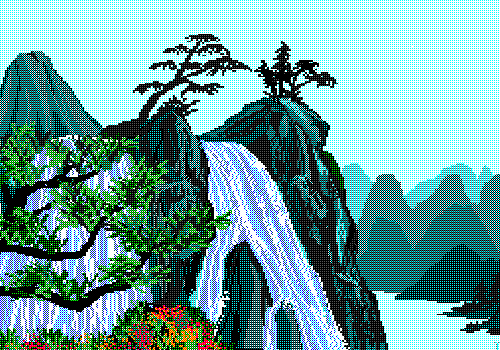 pixelated 256-color landscape of a waterfall (center) in a valley, with tree branches (left) obscuring part of the waterfall.